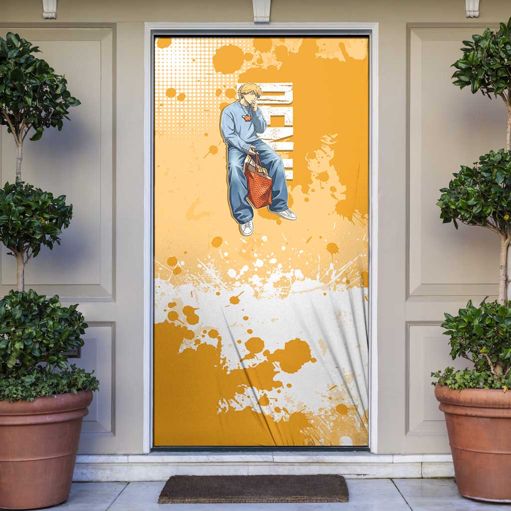 Denji Chainsaw Man Urban Drip Door Cover Streetwear Anime Vibes in Orange Tones