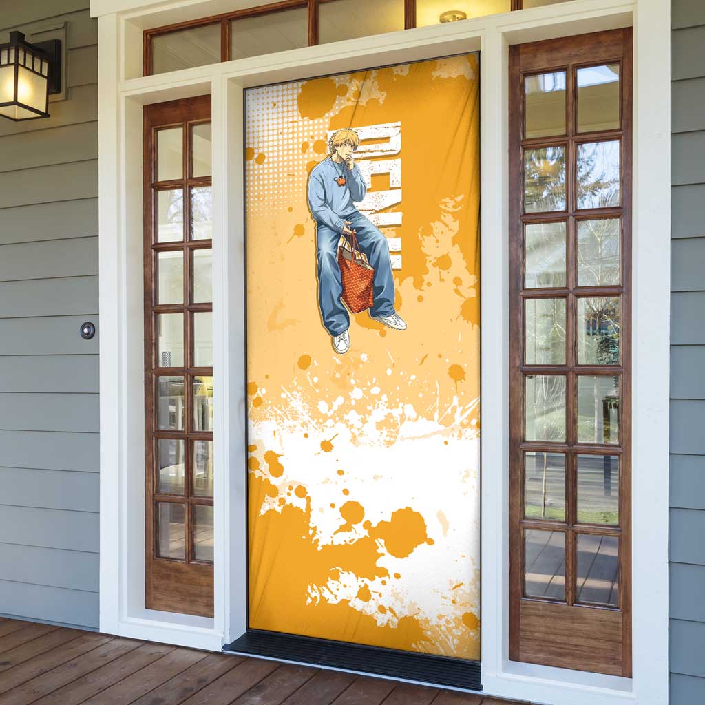 Denji Chainsaw Man Urban Drip Door Cover Streetwear Anime Vibes in Orange Tones