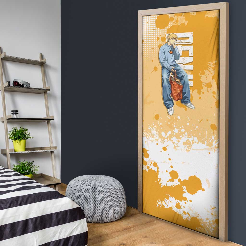 Denji Chainsaw Man Urban Drip Door Cover Streetwear Anime Vibes in Orange Tones