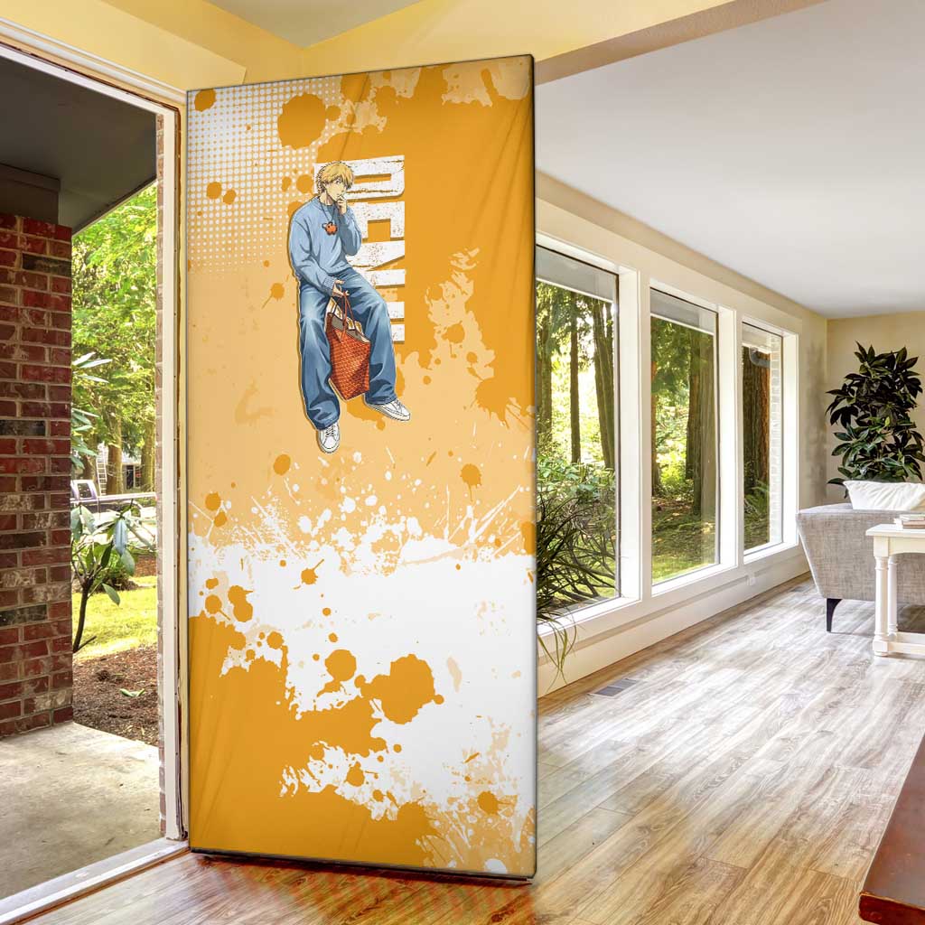Denji Chainsaw Man Urban Drip Door Cover Streetwear Anime Vibes in Orange Tones