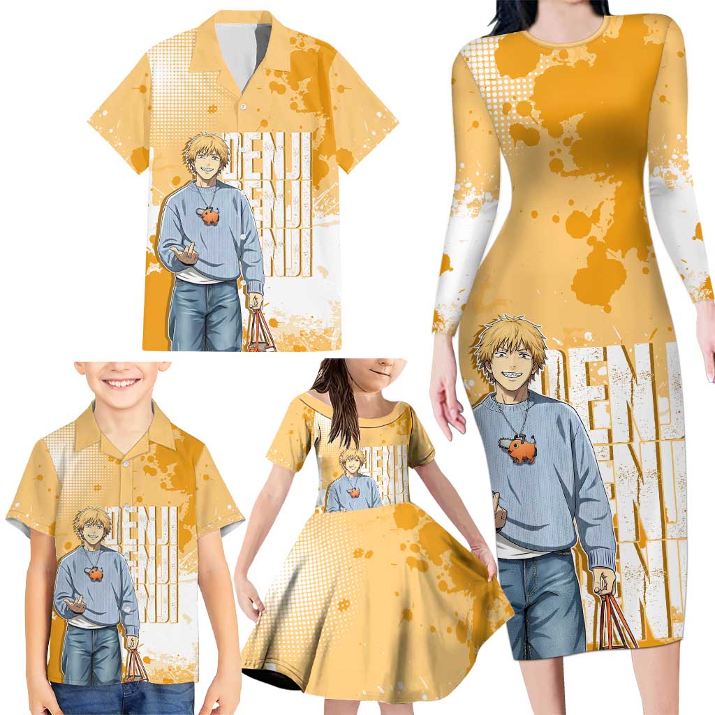 Denji Chainsaw Man Urban Drip Family Matching Long Sleeve Bodycon Dress and Hawaiian Shirt Streetwear Anime Vibes in Orange Tones