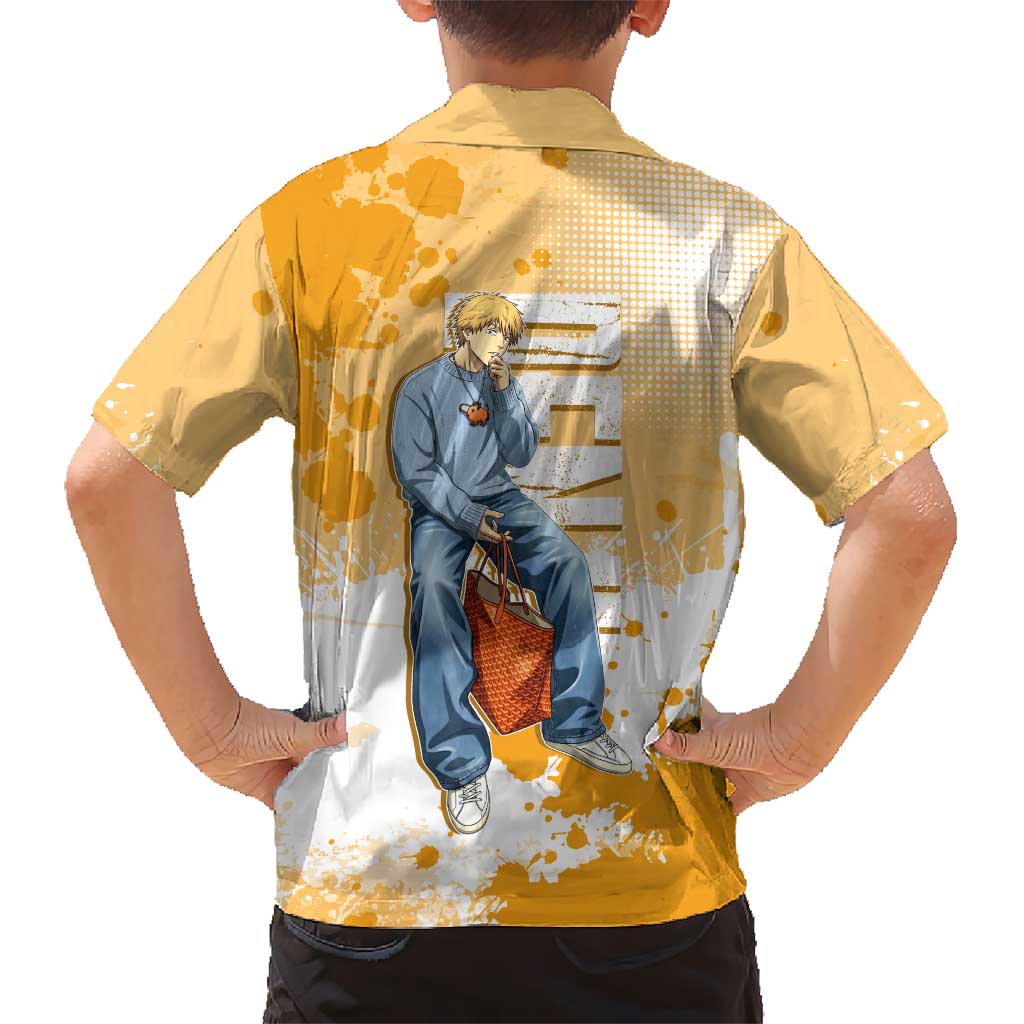Denji Chainsaw Man Urban Drip Family Matching Long Sleeve Bodycon Dress and Hawaiian Shirt Streetwear Anime Vibes in Orange Tones