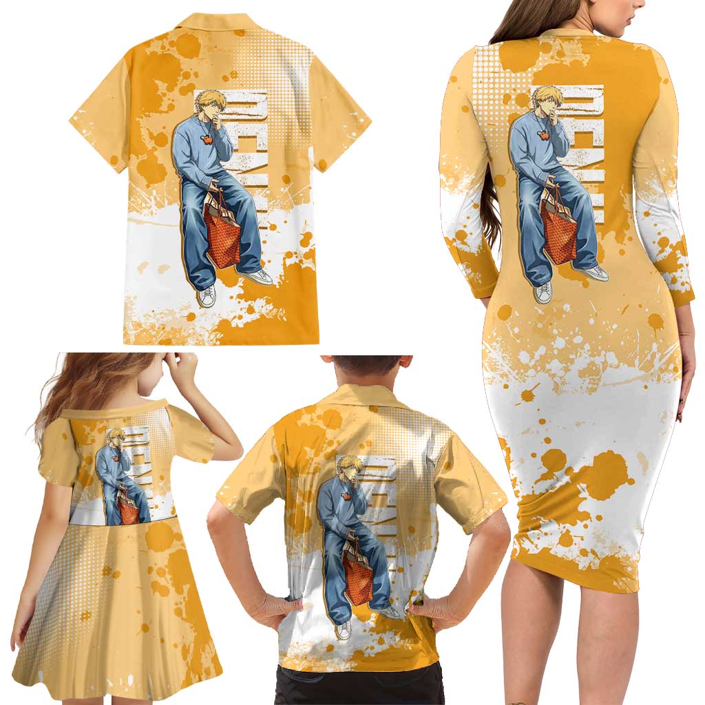 Denji Chainsaw Man Urban Drip Family Matching Long Sleeve Bodycon Dress and Hawaiian Shirt Streetwear Anime Vibes in Orange Tones