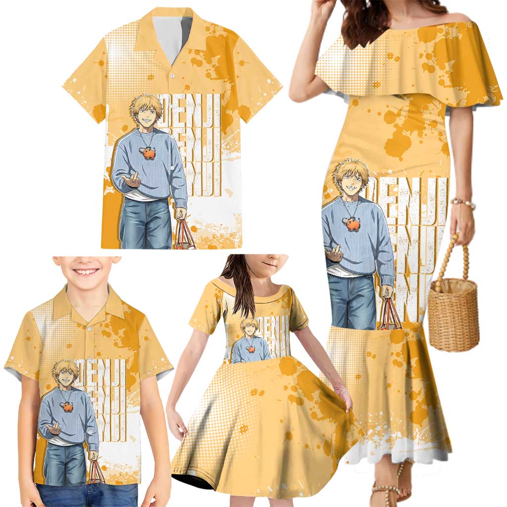 Denji Chainsaw Man Urban Drip Family Matching Mermaid Dress and Hawaiian Shirt Streetwear Anime Vibes in Orange Tones