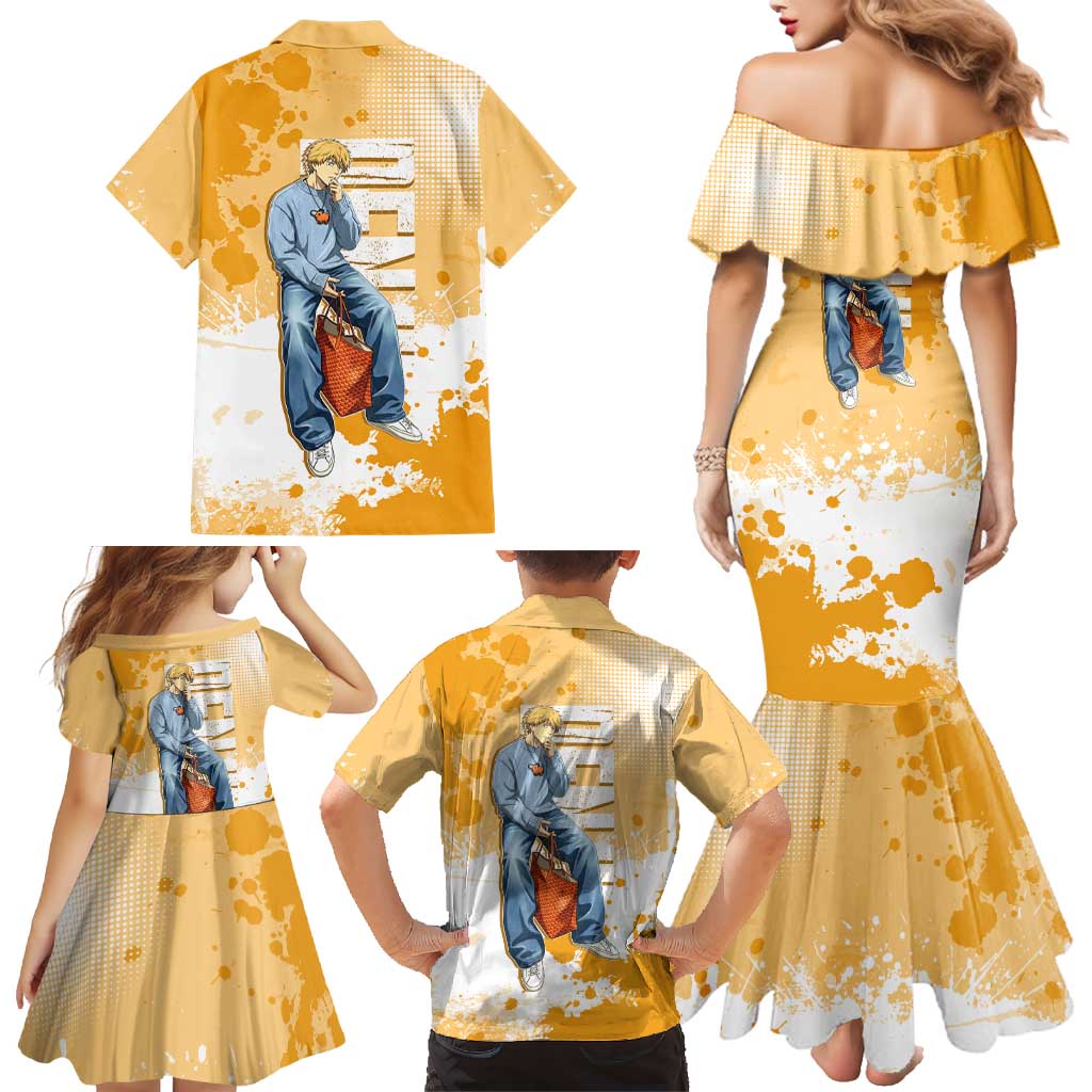 Denji Chainsaw Man Urban Drip Family Matching Mermaid Dress and Hawaiian Shirt Streetwear Anime Vibes in Orange Tones