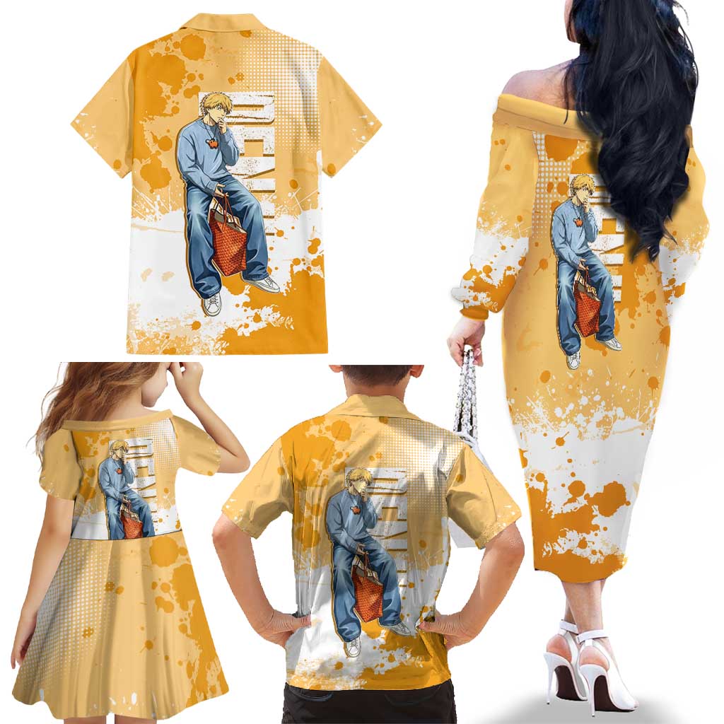Denji Chainsaw Man Urban Drip Family Matching Off The Shoulder Long Sleeve Dress and Hawaiian Shirt Streetwear Anime Vibes in Orange Tones