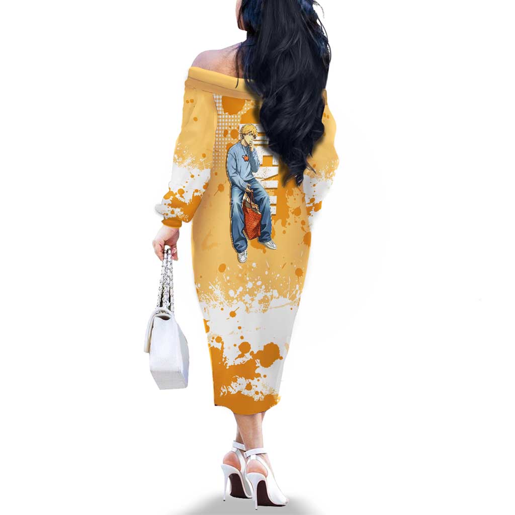Denji Chainsaw Man Urban Drip Family Matching Off The Shoulder Long Sleeve Dress and Hawaiian Shirt Streetwear Anime Vibes in Orange Tones