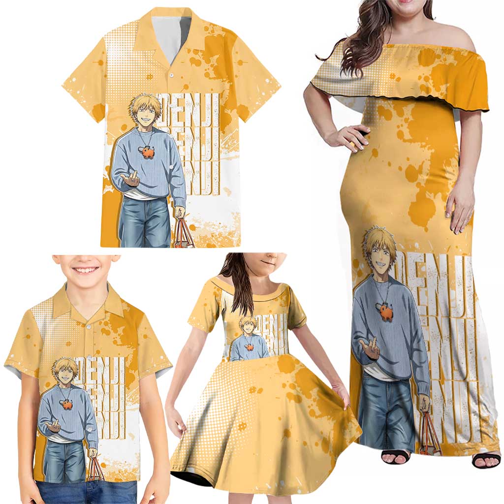 Denji Chainsaw Man Urban Drip Family Matching Off Shoulder Maxi Dress and Hawaiian Shirt Streetwear Anime Vibes in Orange Tones