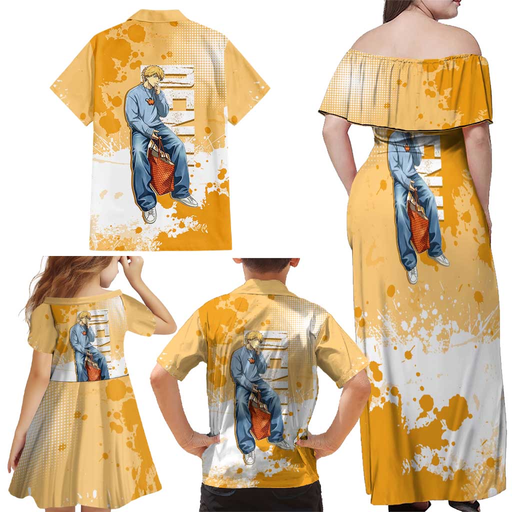 Denji Chainsaw Man Urban Drip Family Matching Off Shoulder Maxi Dress and Hawaiian Shirt Streetwear Anime Vibes in Orange Tones