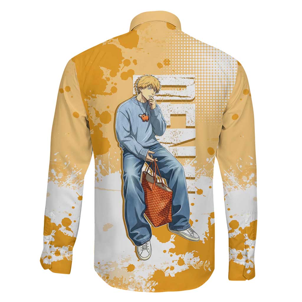Denji Chainsaw Man Urban Drip Family Matching Off Shoulder Maxi Dress and Hawaiian Shirt Streetwear Anime Vibes in Orange Tones