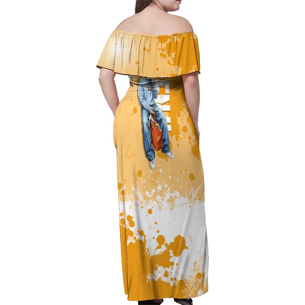 Denji Chainsaw Man Urban Drip Family Matching Off Shoulder Maxi Dress and Hawaiian Shirt Streetwear Anime Vibes in Orange Tones