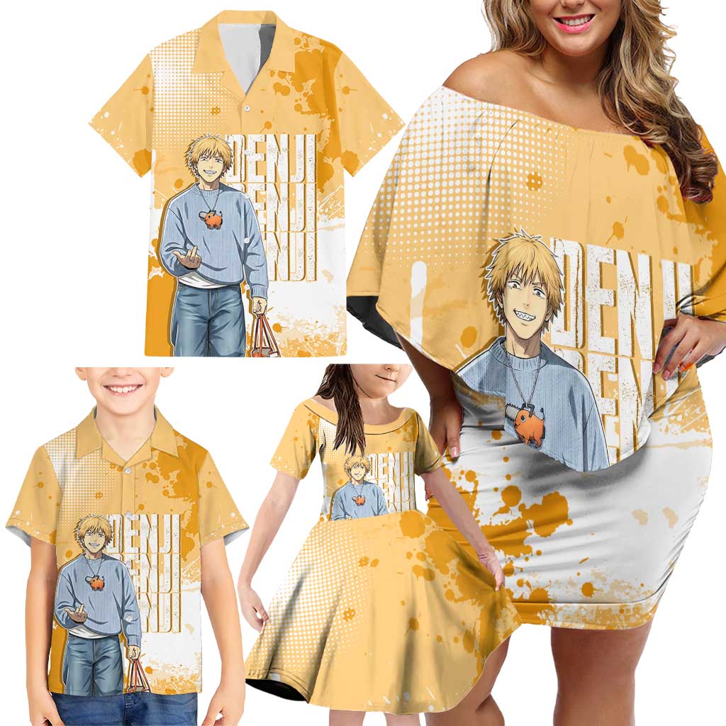 Denji Chainsaw Man Urban Drip Family Matching Off Shoulder Short Dress and Hawaiian Shirt Streetwear Anime Vibes in Orange Tones