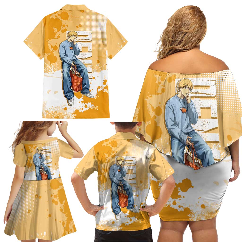 Denji Chainsaw Man Urban Drip Family Matching Off Shoulder Short Dress and Hawaiian Shirt Streetwear Anime Vibes in Orange Tones