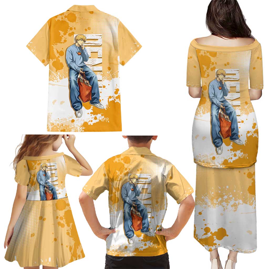 Denji Chainsaw Man Urban Drip Family Matching Puletasi and Hawaiian Shirt Streetwear Anime Vibes in Orange Tones