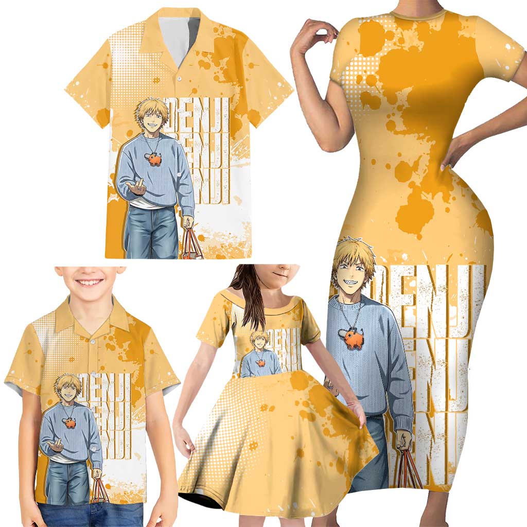Denji Chainsaw Man Urban Drip Family Matching Short Sleeve Bodycon Dress and Hawaiian Shirt Streetwear Anime Vibes in Orange Tones