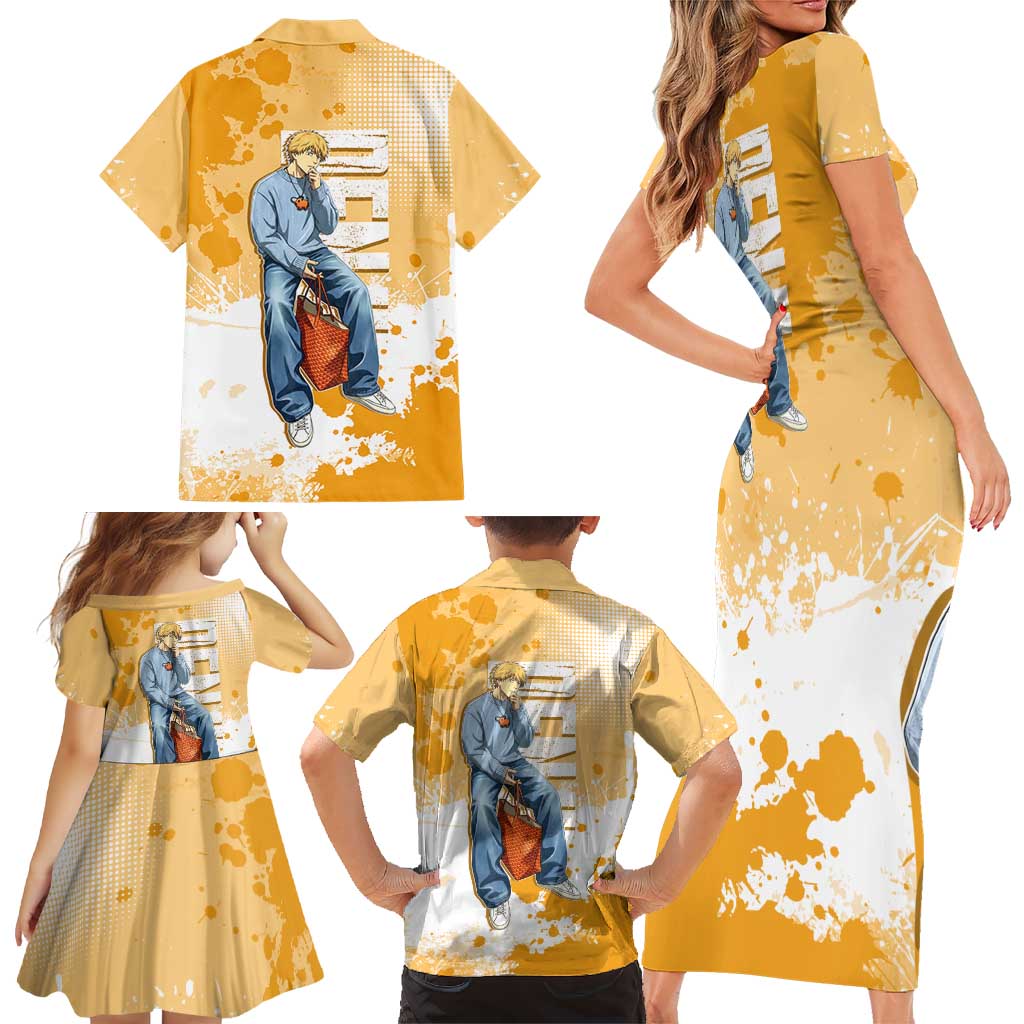 Denji Chainsaw Man Urban Drip Family Matching Short Sleeve Bodycon Dress and Hawaiian Shirt Streetwear Anime Vibes in Orange Tones