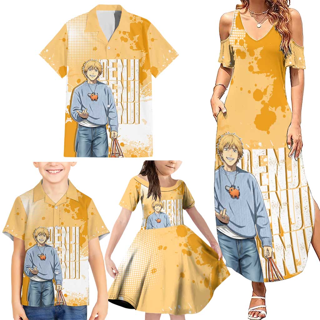 Denji Chainsaw Man Urban Drip Family Matching Summer Maxi Dress and Hawaiian Shirt Streetwear Anime Vibes in Orange Tones