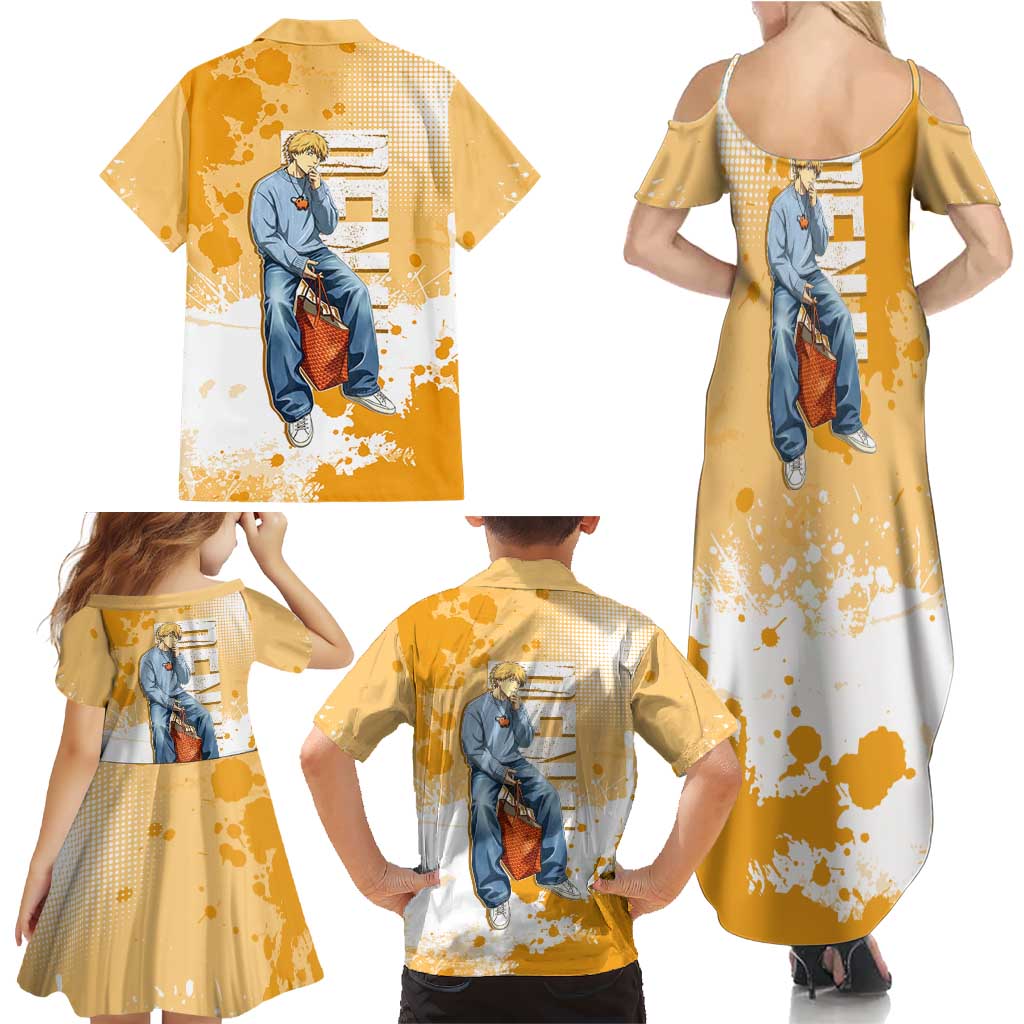 Denji Chainsaw Man Urban Drip Family Matching Summer Maxi Dress and Hawaiian Shirt Streetwear Anime Vibes in Orange Tones