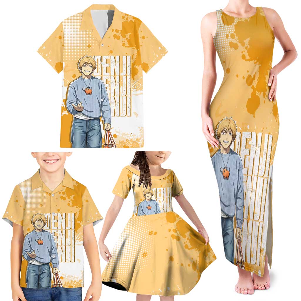 Denji Chainsaw Man Urban Drip Family Matching Tank Maxi Dress and Hawaiian Shirt Streetwear Anime Vibes in Orange Tones
