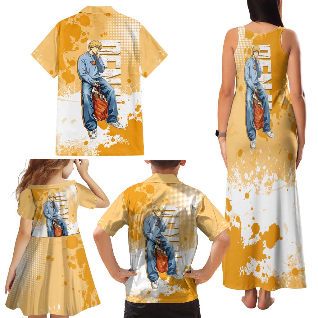 Denji Chainsaw Man Urban Drip Family Matching Tank Maxi Dress and Hawaiian Shirt Streetwear Anime Vibes in Orange Tones