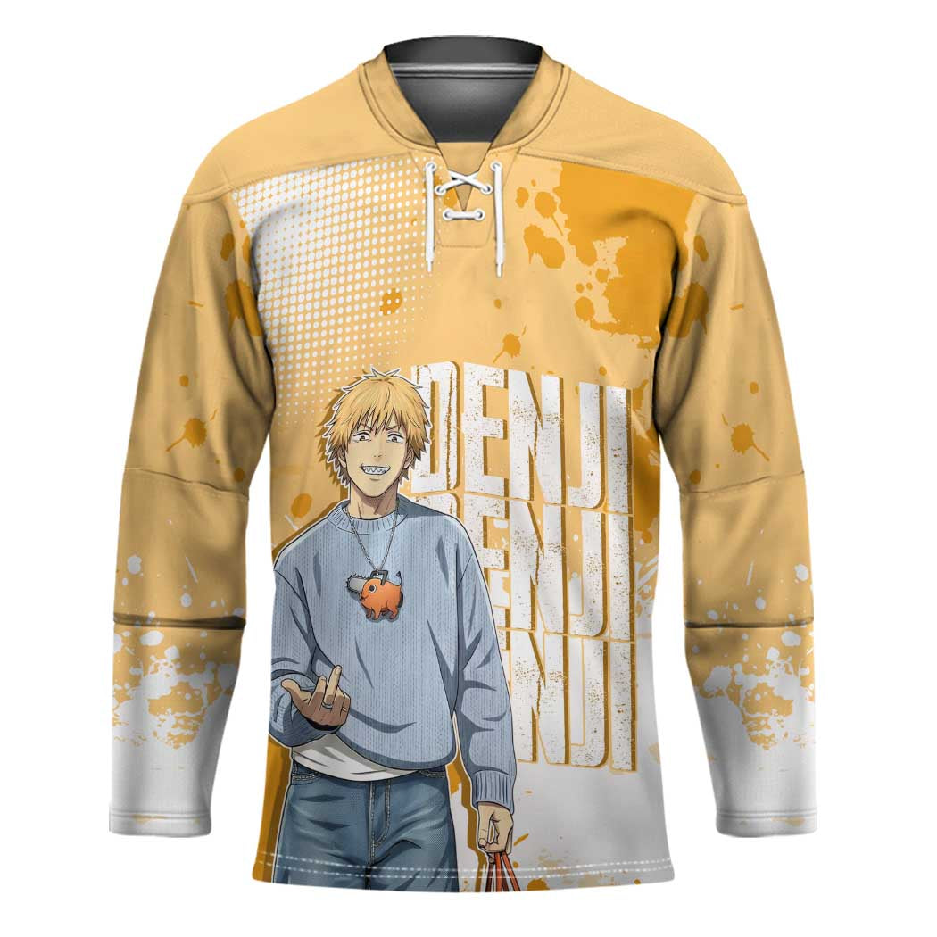 Denji Chainsaw Man Urban Drip Hockey Jersey Streetwear Anime Vibes in Orange Tones