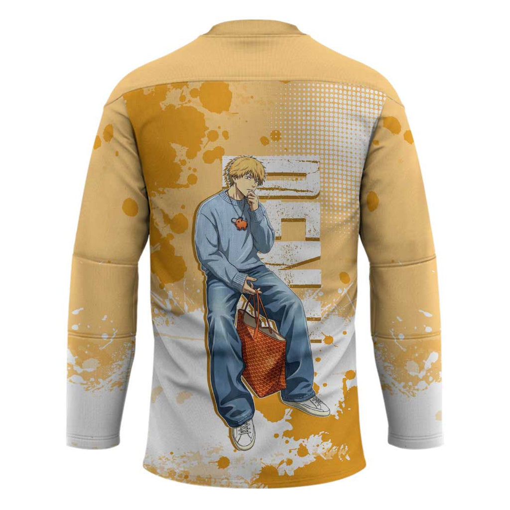 Denji Chainsaw Man Urban Drip Hockey Jersey Streetwear Anime Vibes in Orange Tones