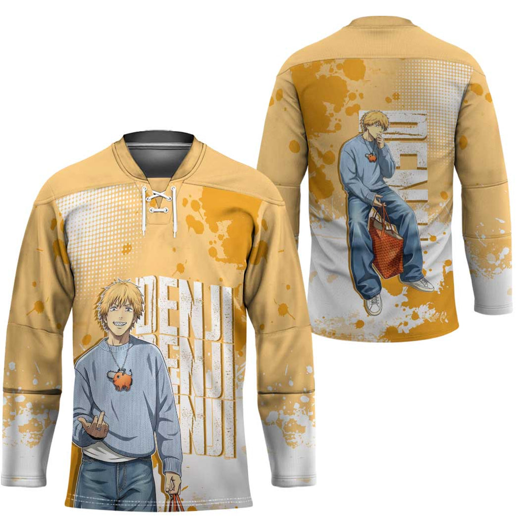 Denji Chainsaw Man Urban Drip Hockey Jersey Streetwear Anime Vibes in Orange Tones