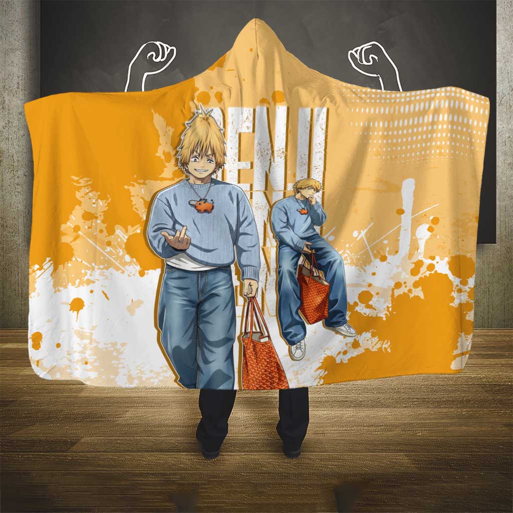 Denji Chainsaw Man Urban Drip Hooded Blanket Streetwear Anime Vibes in Orange Tones