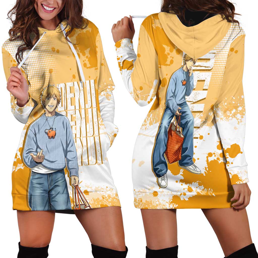 Denji Chainsaw Man Urban Drip Hoodie Dress Streetwear Anime Vibes in Orange Tones