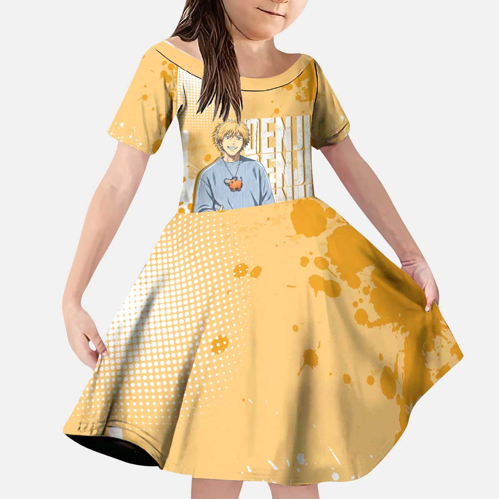 Denji Chainsaw Man Urban Drip Kid Short Sleeve Dress Streetwear Anime Vibes in Orange Tones