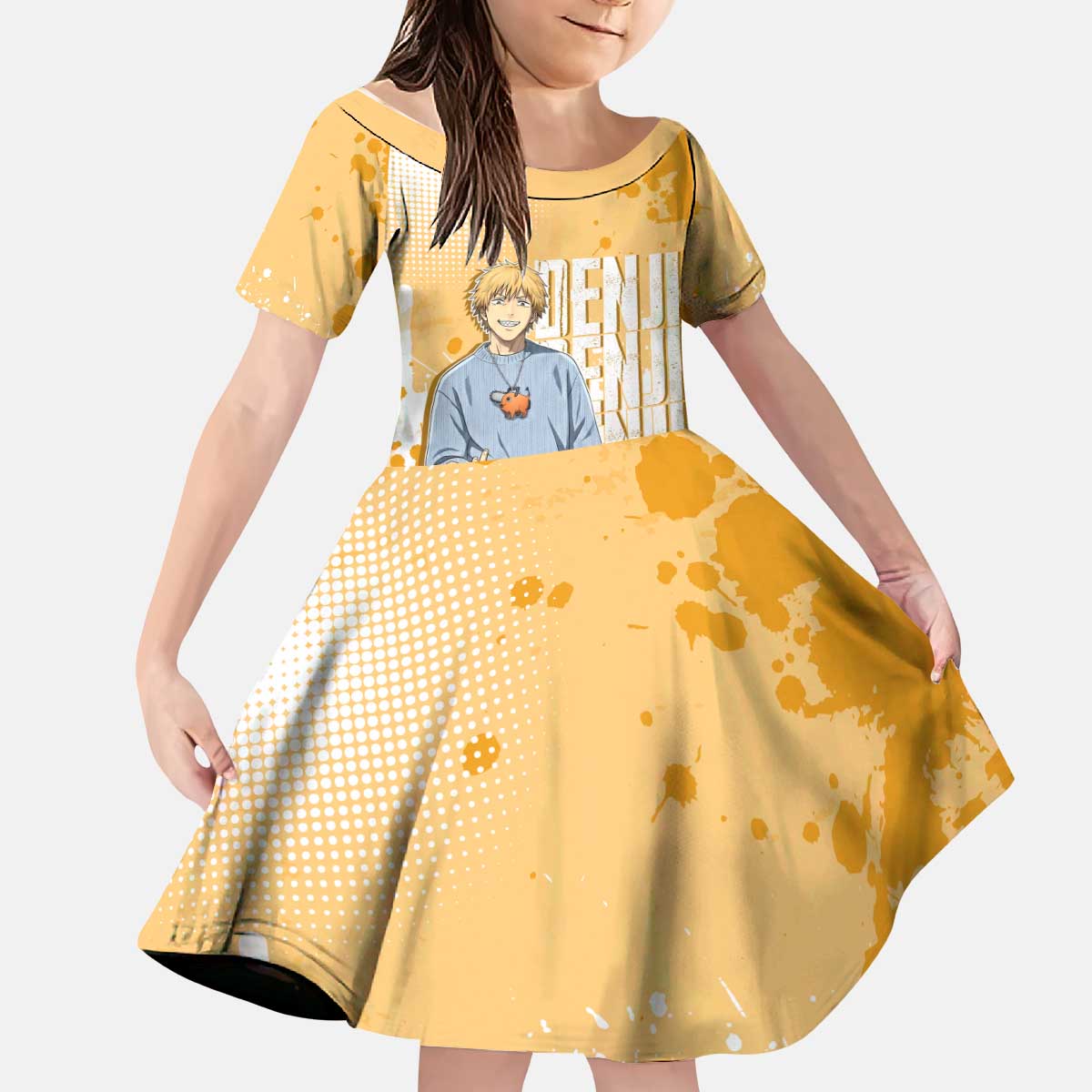 Denji Chainsaw Man Urban Drip Kid Short Sleeve Dress Streetwear Anime Vibes in Orange Tones