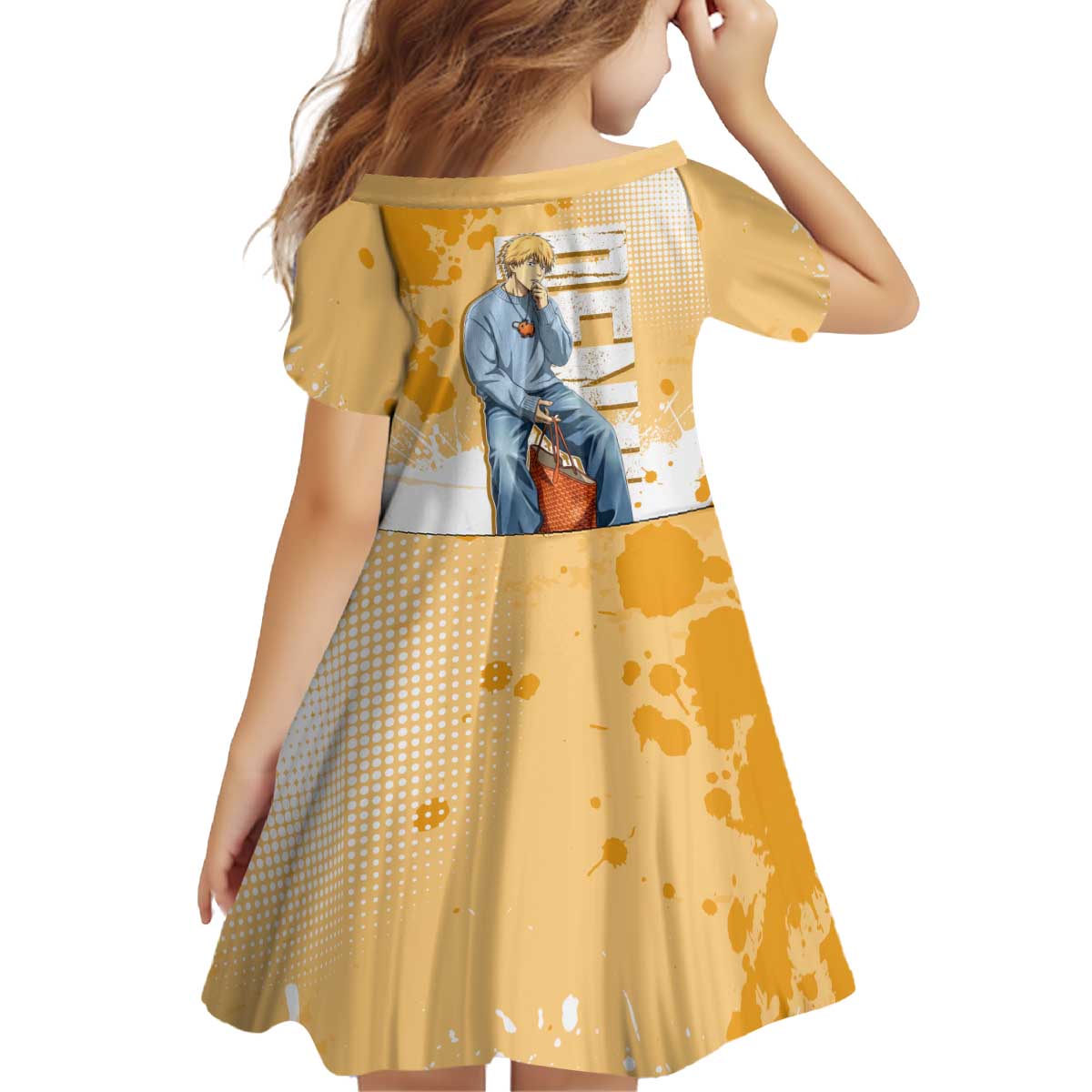 Denji Chainsaw Man Urban Drip Kid Short Sleeve Dress Streetwear Anime Vibes in Orange Tones