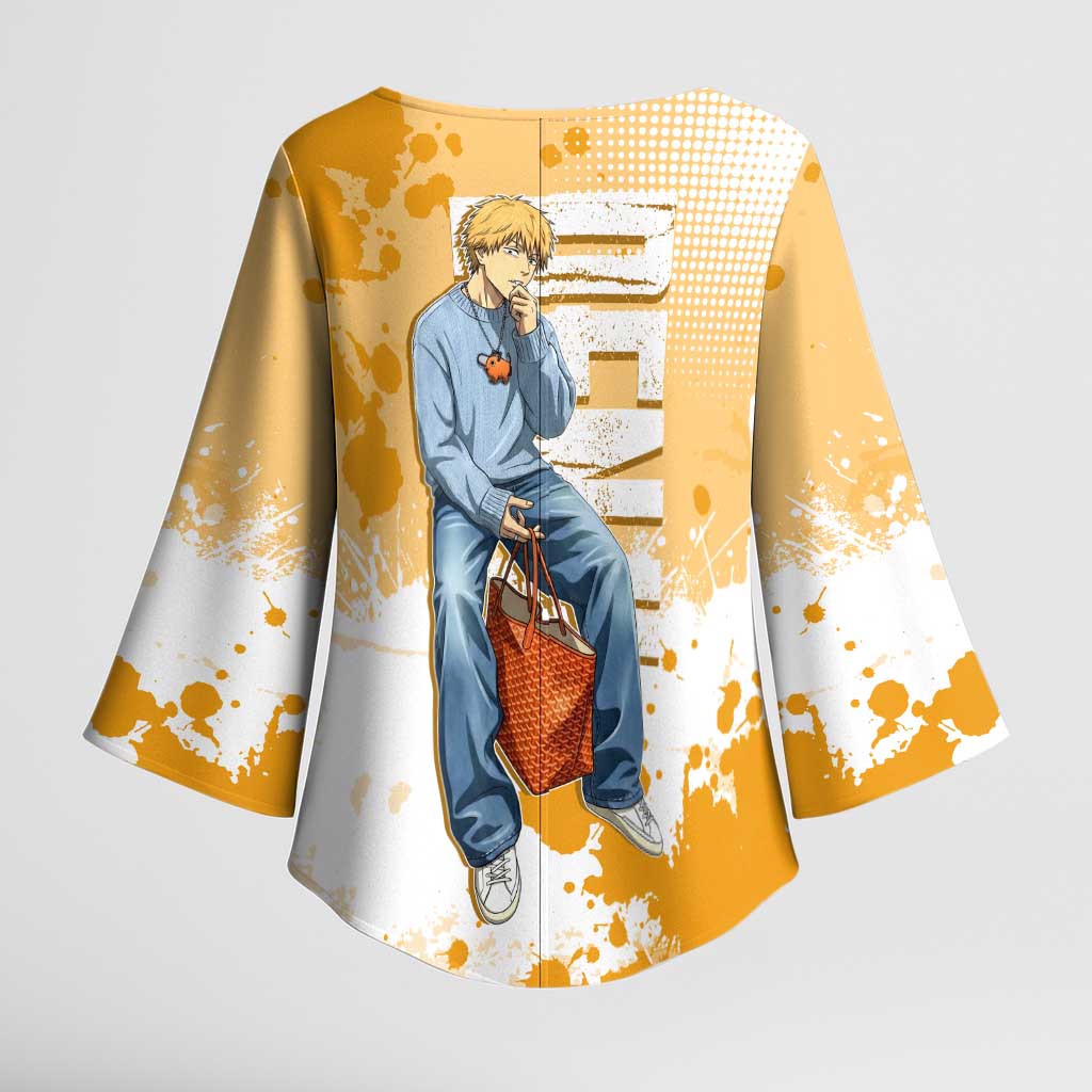 Denji Chainsaw Man Urban Drip Kimono Sleeve Blouse Streetwear Anime Vibes in Orange Tones