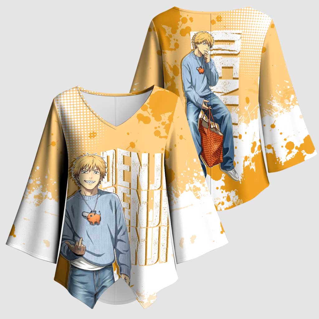 Denji Chainsaw Man Urban Drip Kimono Sleeve Blouse Streetwear Anime Vibes in Orange Tones