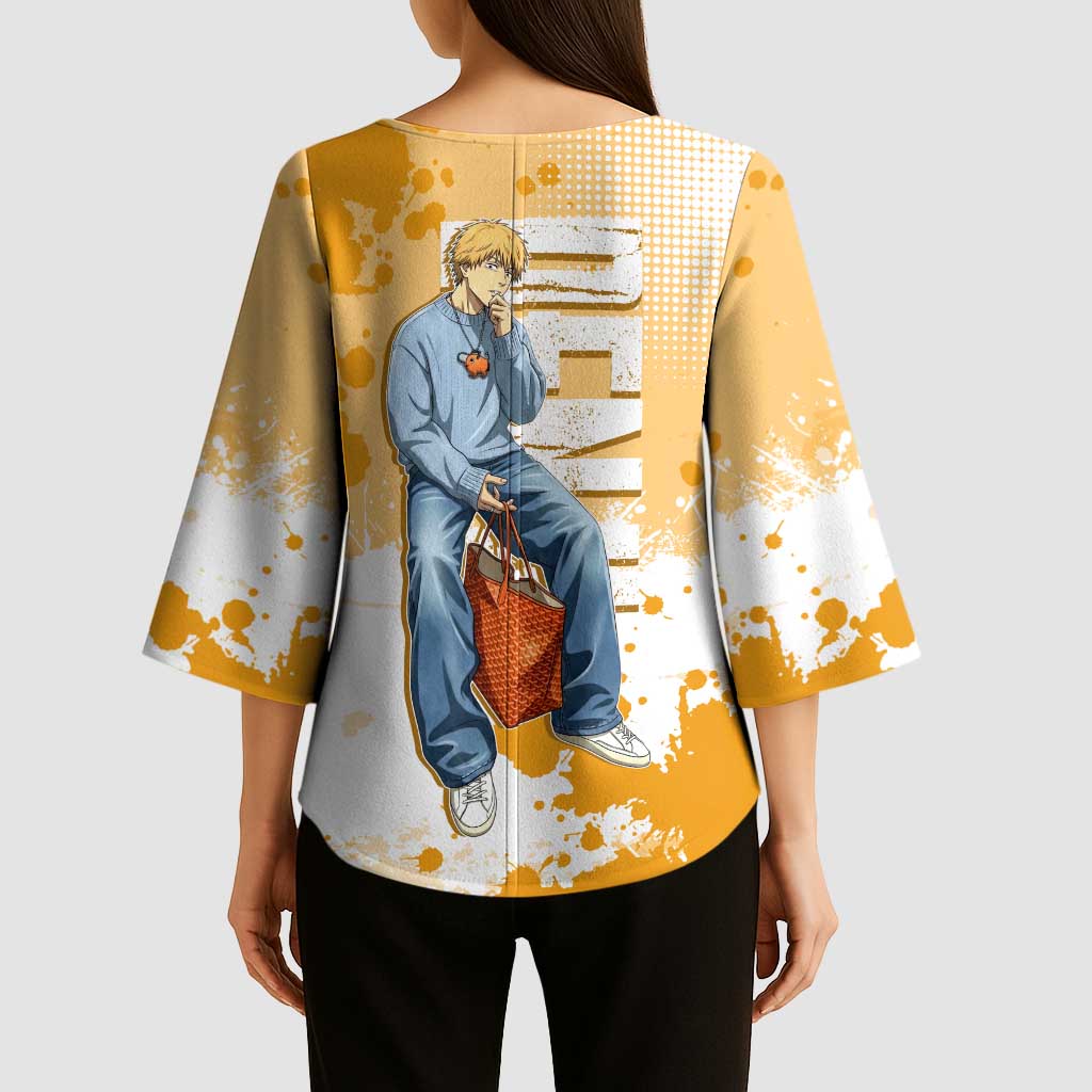 Denji Chainsaw Man Urban Drip Kimono Sleeve Blouse Streetwear Anime Vibes in Orange Tones