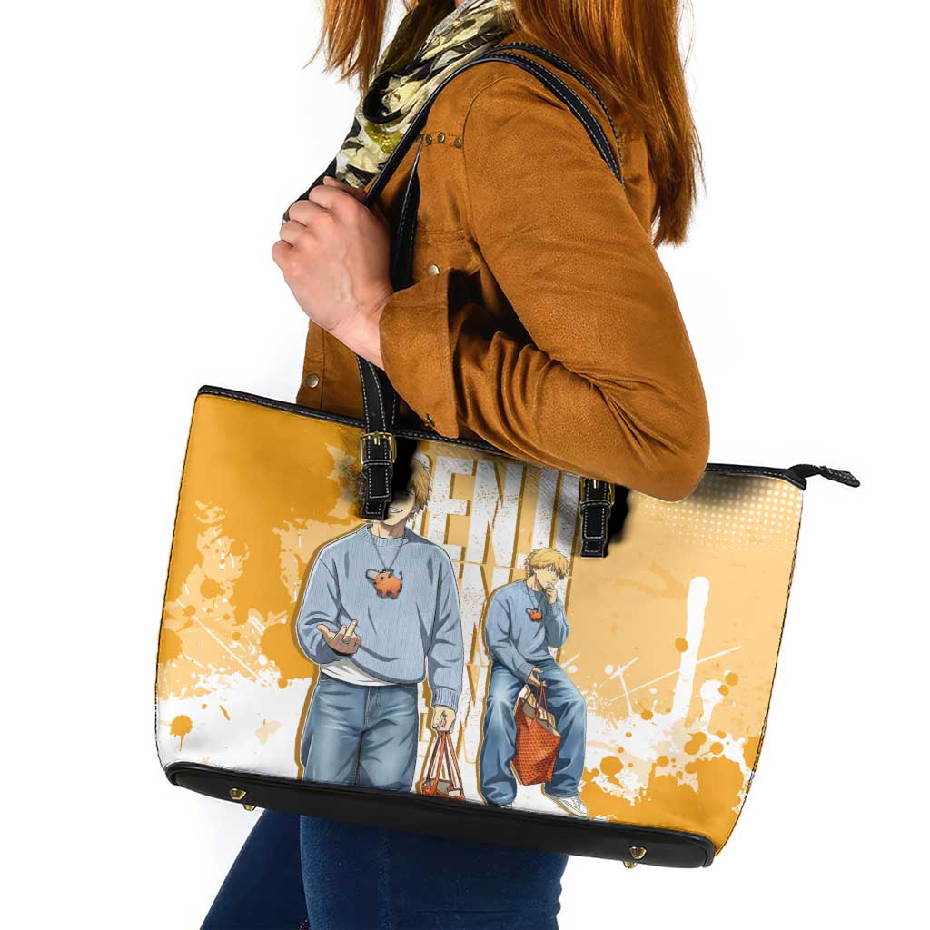 Denji Chainsaw Man Urban Drip Leather Tote Bag Streetwear Anime Vibes in Orange Tones