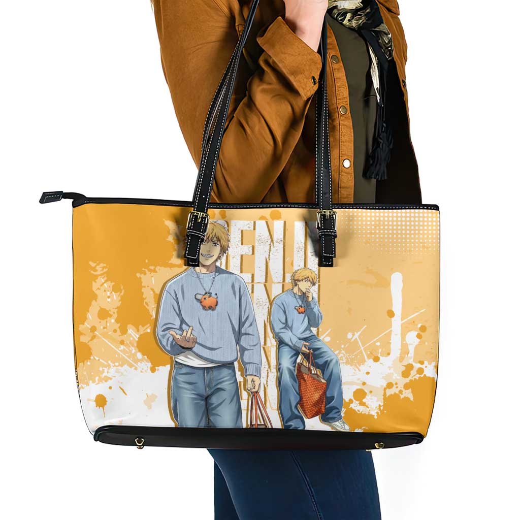 Denji Chainsaw Man Urban Drip Leather Tote Bag Streetwear Anime Vibes in Orange Tones