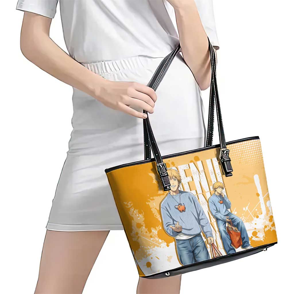 Denji Chainsaw Man Urban Drip Leather Tote Bag Streetwear Anime Vibes in Orange Tones