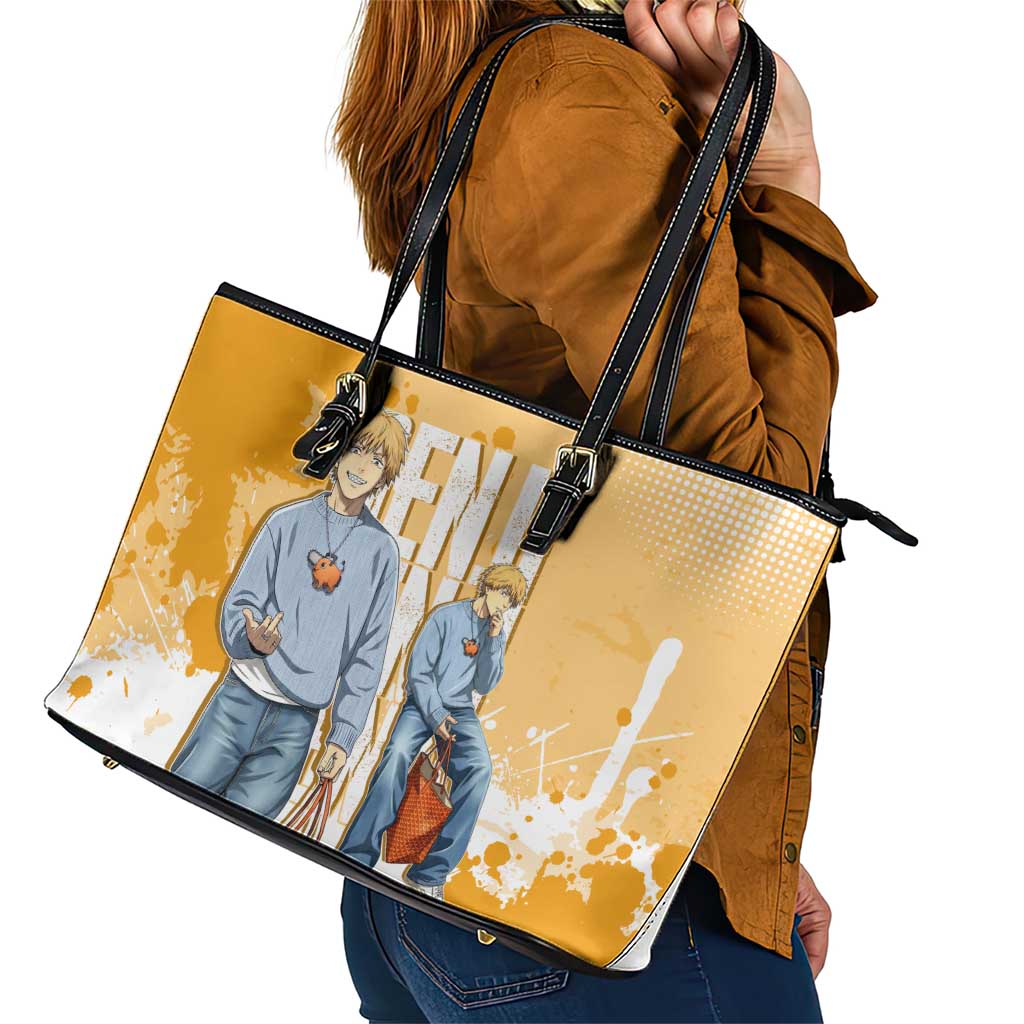 Denji Chainsaw Man Urban Drip Leather Tote Bag Streetwear Anime Vibes in Orange Tones