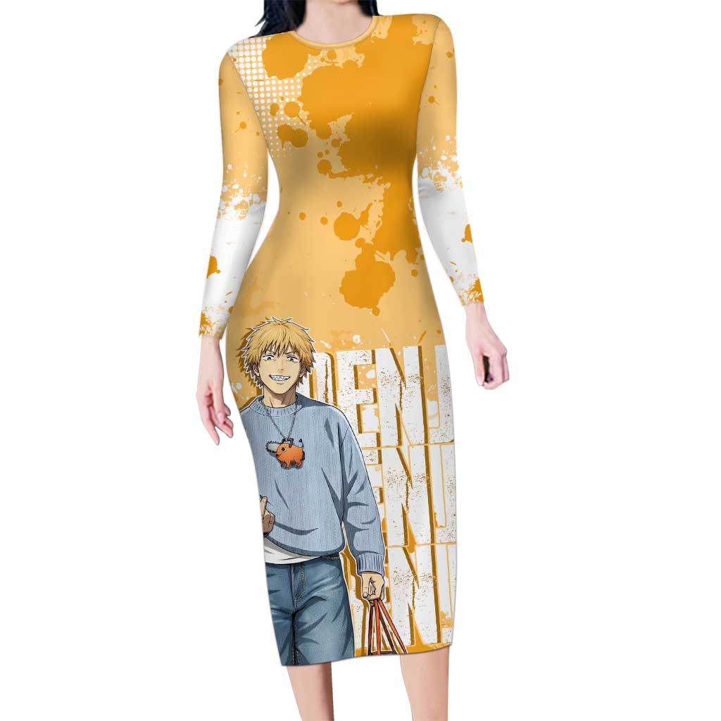 Denji Chainsaw Man Urban Drip Long Sleeve Bodycon Dress Streetwear Anime Vibes in Orange Tones