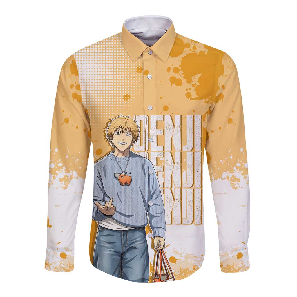 Denji Chainsaw Man Urban Drip Long Sleeve Button Shirt Streetwear Anime Vibes in Orange Tones