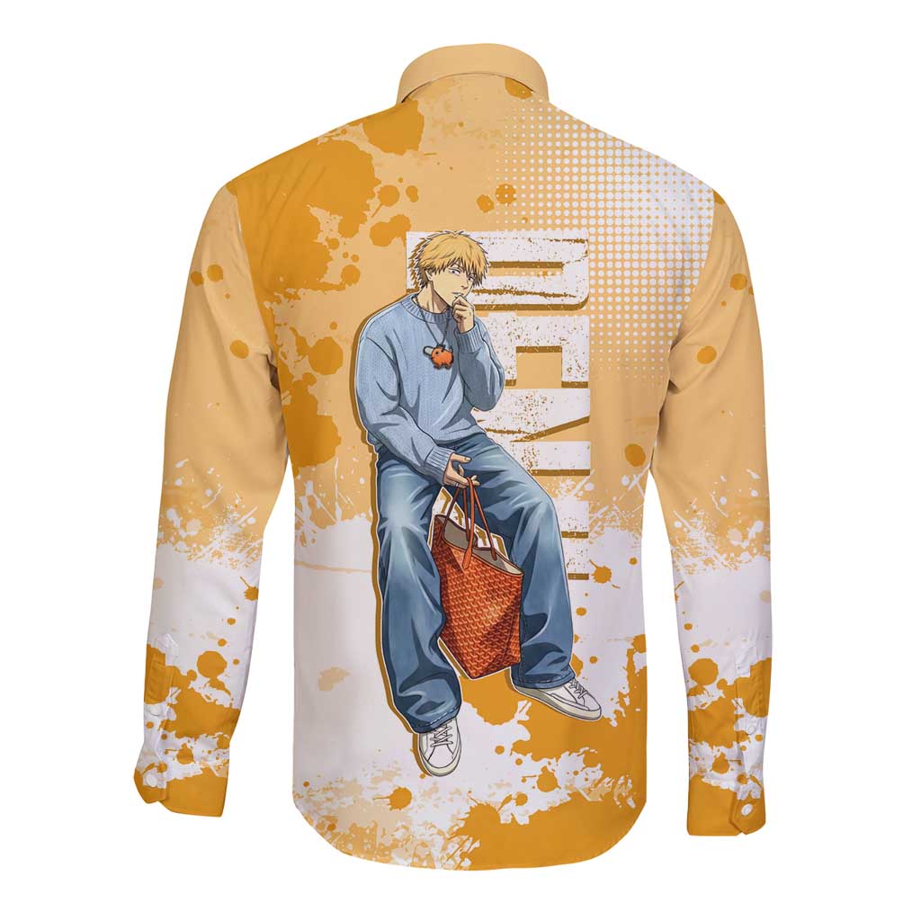 Denji Chainsaw Man Urban Drip Long Sleeve Button Shirt Streetwear Anime Vibes in Orange Tones