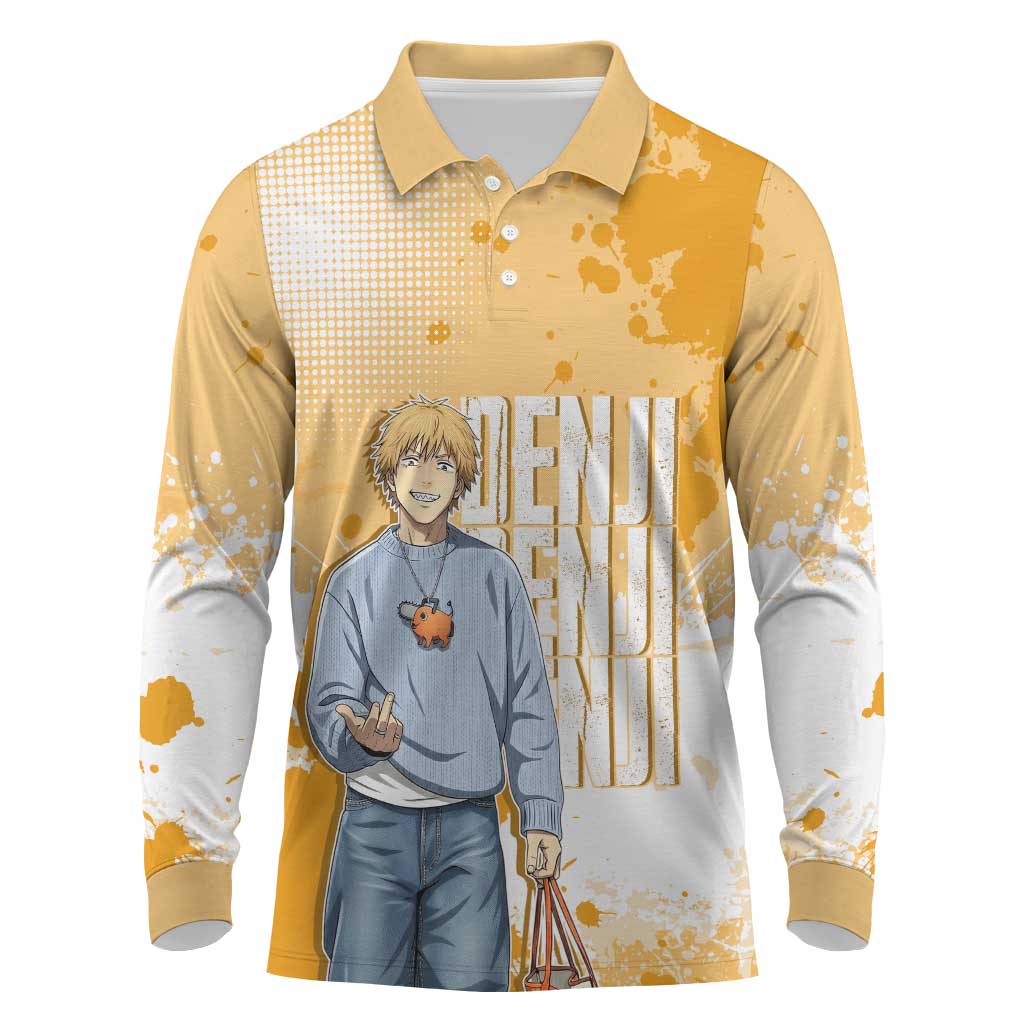 Denji Chainsaw Man Urban Drip Long Sleeve Polo Shirt Streetwear Anime Vibes in Orange Tones