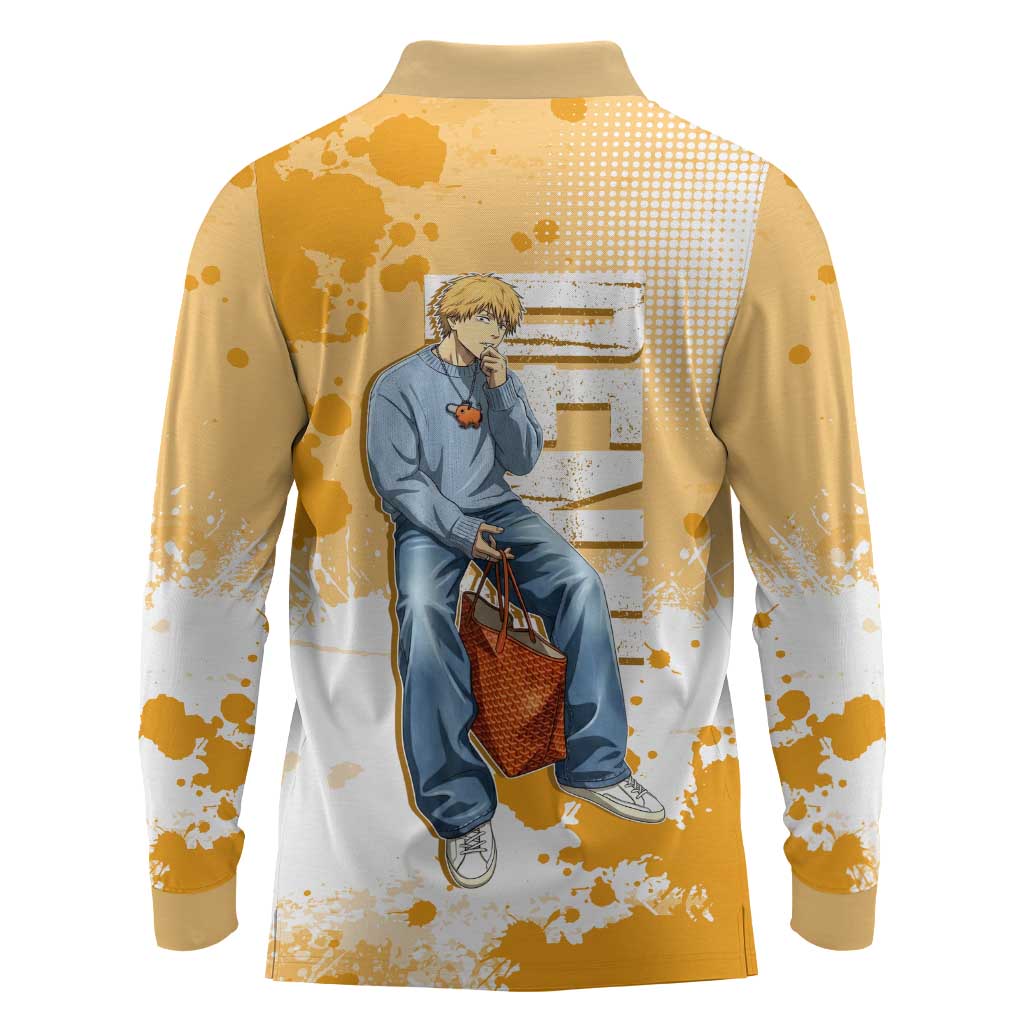 Denji Chainsaw Man Urban Drip Long Sleeve Polo Shirt Streetwear Anime Vibes in Orange Tones
