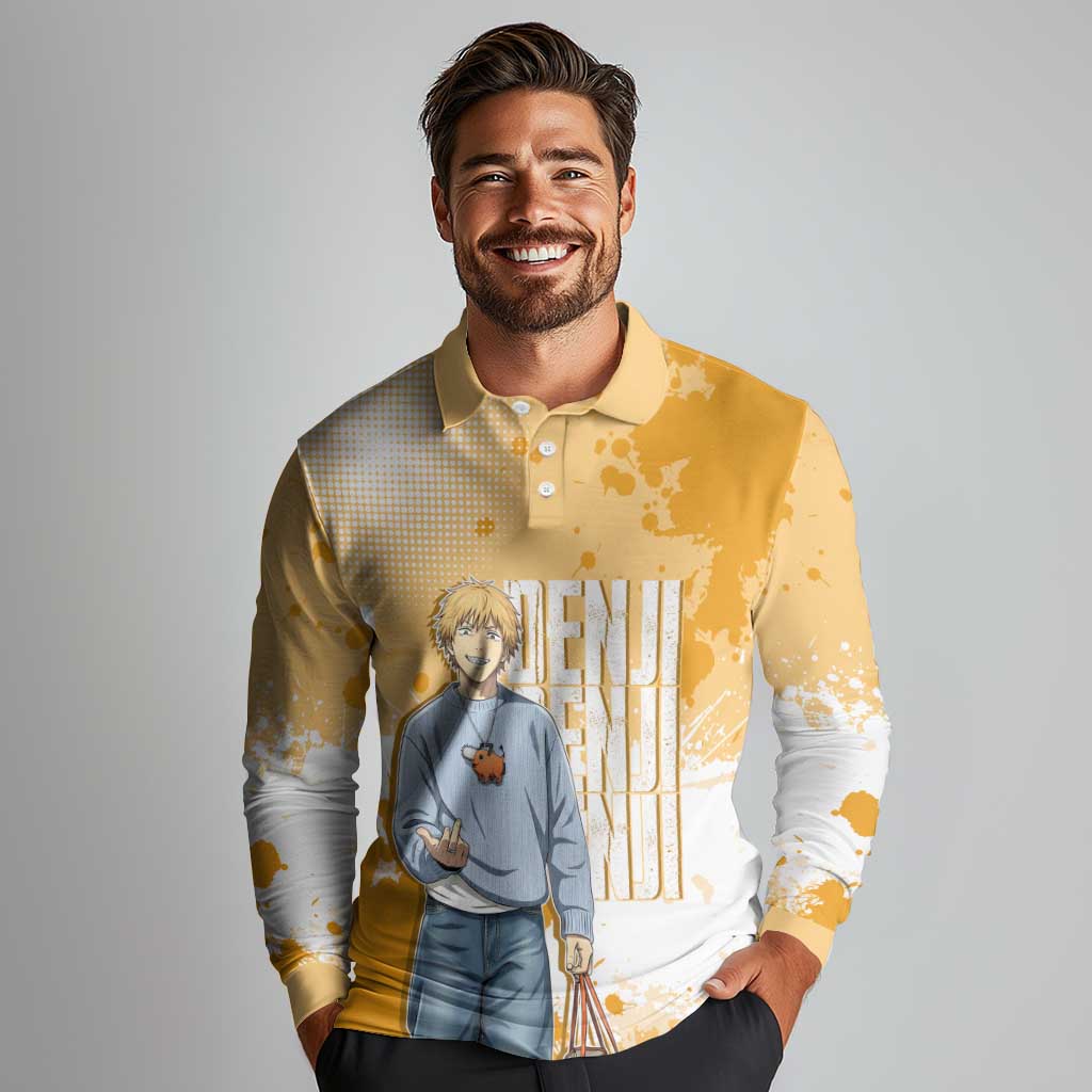 Denji Chainsaw Man Urban Drip Long Sleeve Polo Shirt Streetwear Anime Vibes in Orange Tones