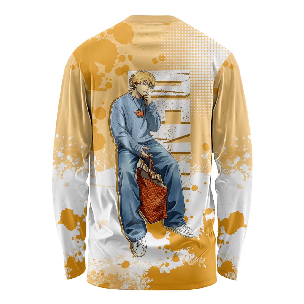 Denji Chainsaw Man Urban Drip Long Sleeve Shirt Streetwear Anime Vibes in Orange Tones