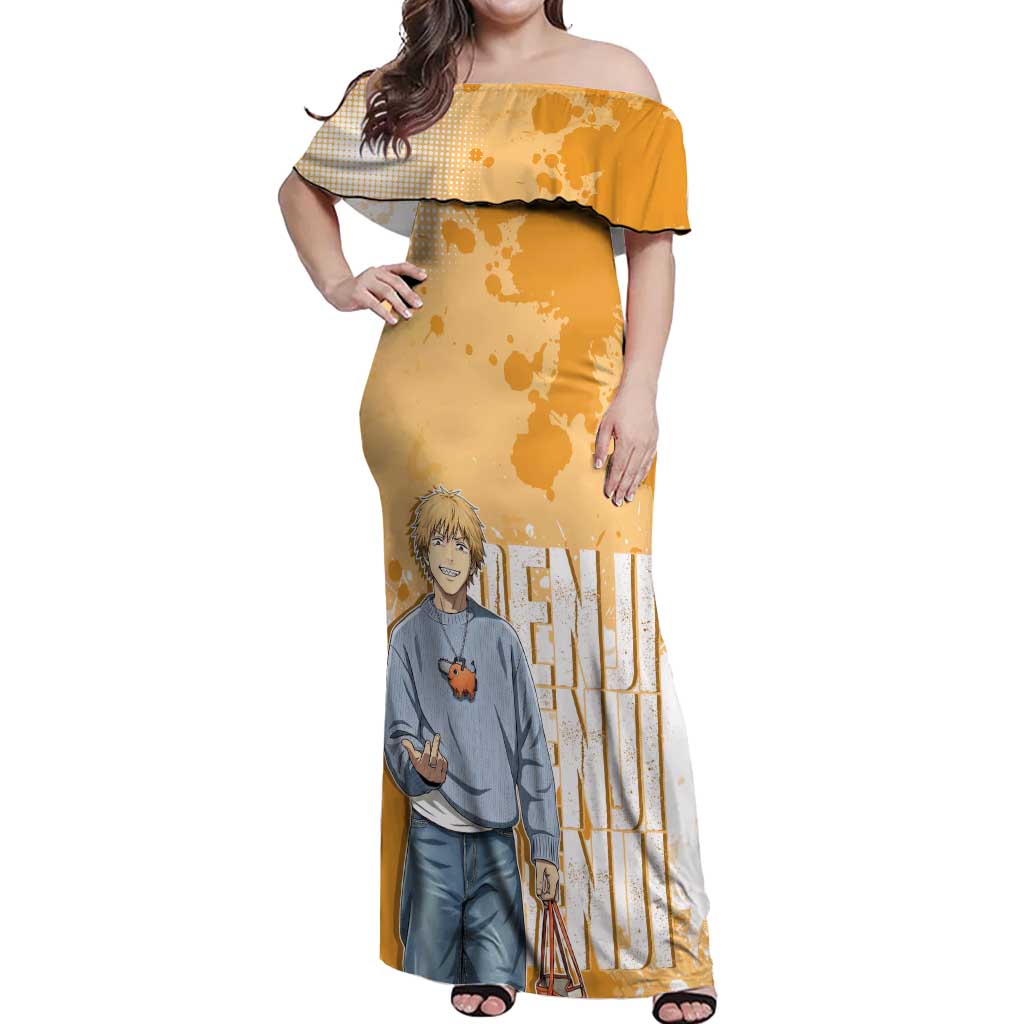 Denji Chainsaw Man Urban Drip Off Shoulder Maxi Dress Streetwear Anime Vibes in Orange Tones
