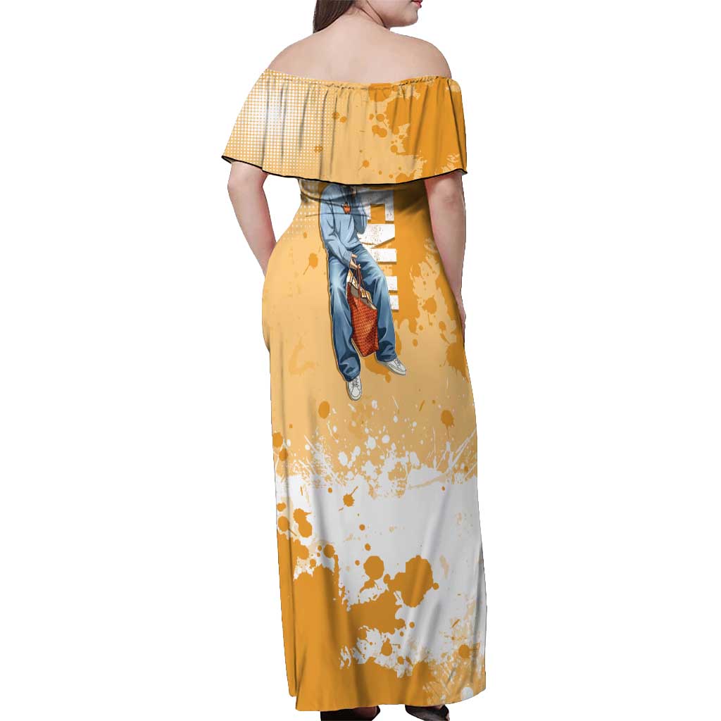 Denji Chainsaw Man Urban Drip Off Shoulder Maxi Dress Streetwear Anime Vibes in Orange Tones