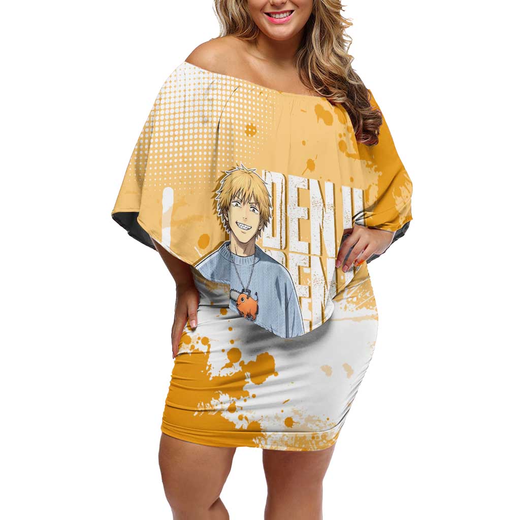 Denji Chainsaw Man Urban Drip Off Shoulder Short Dress Streetwear Anime Vibes in Orange Tones