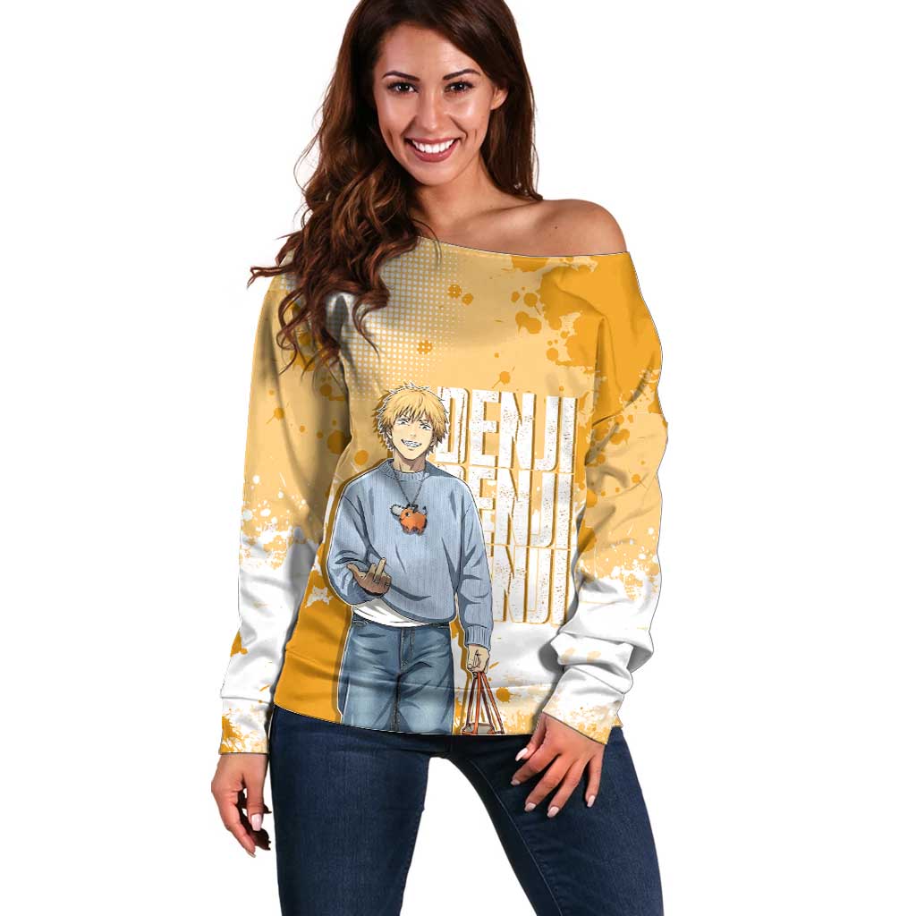 Denji Chainsaw Man Urban Drip Off Shoulder Sweater Streetwear Anime Vibes in Orange Tones